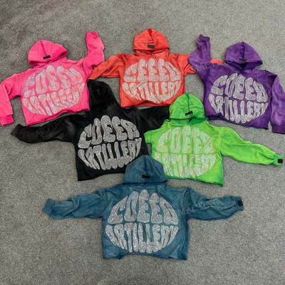 acheter Vêtements de rue personnalisés Poids lourd français Terry coton lavage à l'acide pullover strass T-shirt coupé Hommes online manufacture