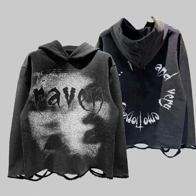 acheter Capuchon en coton déprimé Dtg Print Capuchon français Terry pull-over déchiré coupe brute capuchon online manufacture