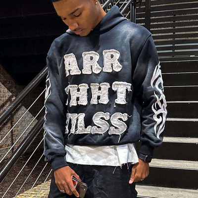 acheter Vintage Soleil décoloré lavage acide Patch déprimé Applique Broderie capuchon coupé Sweatshirt haut de coupe pour hommes online manufacture