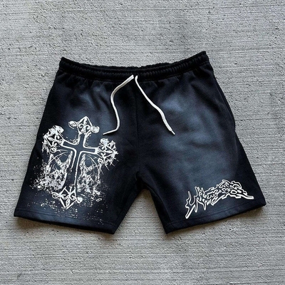 acheter Tricoté Impression graphique personnalisée Shorts de lavage à l'acide vintage pour hommes en coton Terry français online manufacture