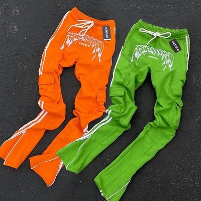 acheter Pantalon en coton élargi pour hommes femmes Poches fermeture à glissière Pantalons de chargement empilés Pantalon à rayures élargies online manufacture