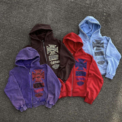 acheter T-shirt à capuche pour hommes anti-rétrécissement à l'acide avec double fermeture à glissière online manufacture