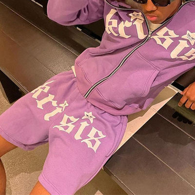 acheter Couleur cool combat en tenue de sport en détresse broderie Patchwork Hoodie Shorts Sets français Terry 3D Puff Impression online manufacture