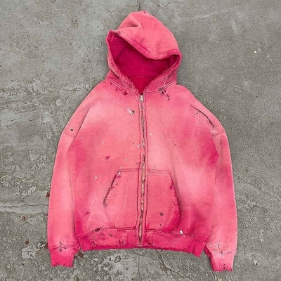 acheter Légère 400 gsm coton Fermeture à glissière Hoodie Vintage Distressed Rose Soleil décoloré French Terry online manufacture