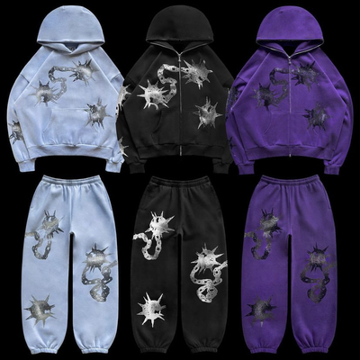 acheter Vêtements de rue Y2k Unisexe Plein visage Fermeture à glissière Up Bling String Hoodie Ensemble 100% coton Hommes personnalisés online manufacture