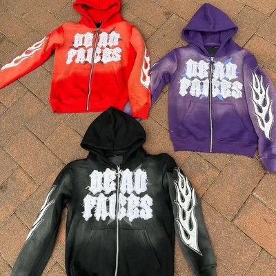 acheter Vintage homme Stonewashed Coupe et couture Embroidery détresse patch Soleil fané violet Fermeture à glissière vers le haut Acide Wash Hoodie online manufacture