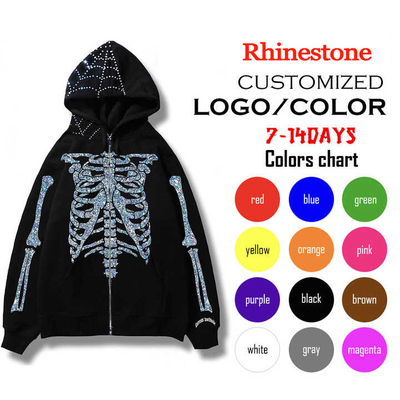 acheter Design personnalisé Full Zip Up Hoodie avec broderie à double couche et Bling Rhinestone online manufacture
