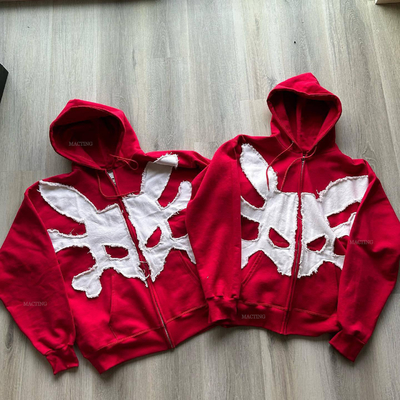 acheter Lavé sur mesure 500 Gsm Vêtements de rue poids lourd français Terry Vintage Acide Laveur Distressed Patch Applique Broderie Fermeture à glissière Hoodie online manufacture