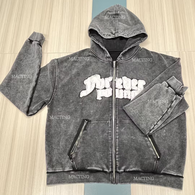 acheter 500 Gsm épaisseur coton fermeture à glissière Poches patchées brodées Hoodie Homme bordé Hoodies personnalisés online manufacture