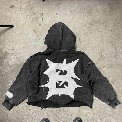 acheter 100% coton personnalisé brodé Soleil décoloré coupe de bord de lavage acide coupé hoodies pour hommes online manufacture