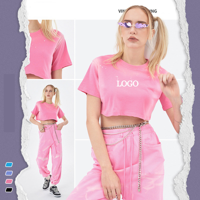 acheter 2024 été lavage à l'acide décoloré chaud sexy haut de culture T-shirt femme avec étiquettes personnalisées online manufacture