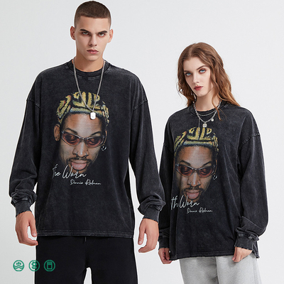 acheter Homme Hip Hop lavage à l'acide collier sweat-shirt athlétique noir Distressed Vintage T-shirt Terry Tissu online manufacture