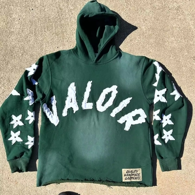 acheter Vintage Applique Distressed Hoodie Pullover lavage à l' acide sweatshirt coupé Soleil décoloré lavage à l' acide coupé online manufacture