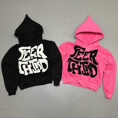 acheter Vêtements de rue en coton tricoté Travail de patch en détresse Tissu en strass rose noir coupé avec strass online manufacture