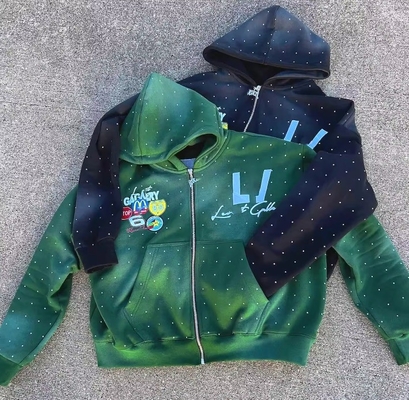acheter Vintage Soleil décoloré lavage à l'acide patch broderie strass boxy ajusté coupé fermeture à glissière Hoodie pour hommes manche régulière online manufacture