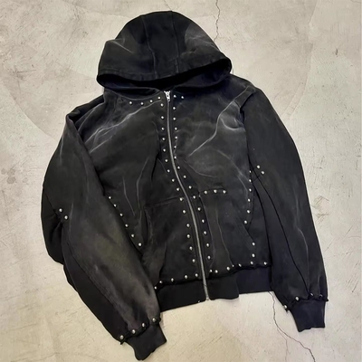 acheter 500gm noir de strass fermeture à glissière jusqu'à hoodie hommes surdimensionné automne Hooded Hoodie Soleil décoloré Acide Wash Look online manufacture