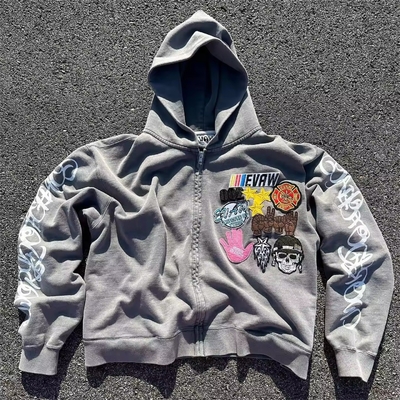 acheter Autumn Custom Homme Stone Acid Wash coupé Boxy brodé fermeture à glissière avec capuchon brodé sweatshirts vintage online manufacture