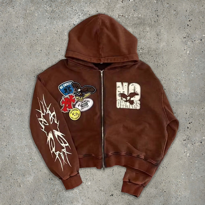 acheter Laveur à l' acide français Terry fermeture à glissière à travers le sweat à capuche Crop Top Hoodie Double Way Fermeture à glissière pullover patch 3d online manufacture