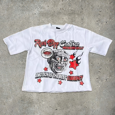 acheter Hip Hop Dtg Imprimé T-shirt graphique découpé T-shirt de l'équipage Cou Acide Laver Soleil Disparu T-shirt en détresse online manufacture
