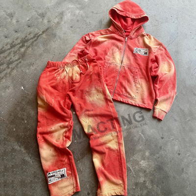 acheter Vintage Soleil décoloré lavage à l'acide combinaisons de sport personnalisées Rhinestone Distressed Hoodie et Sweatpants ensemble online manufacture