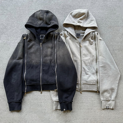 acheter Triple fermeture à glissière sur mesure Poids lourd Français Terry décoloré Acide Wash Hoodie online manufacture