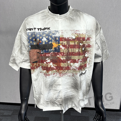 acheter Vêtements de rue personnalisés Panneau de blocs de couleur cousu T-shirt en désarroi homme ensoleillé T-shirt patchwork online manufacture