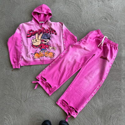 acheter Vêtements de rue Rhinestone Fermeture à glissière Hoodie Sweat Pants Set Acid Wash Man Tracksuit Soleil décoloré Hommes Sweatsuit online manufacture