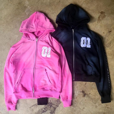acheter Homme sur mesure 100% coton poids lourd brodé Hoodie Rhinestone Lavé au soleil décoloré Fermeture à glissière Hoodie en détresse online manufacture