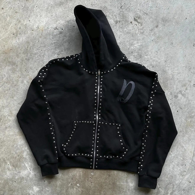 acheter Vêtements de rue personnalisés Boxy Fit French Terry 100% coton Fermeture à glissière jusqu'à Rivet Bourdonné Rhinestone Hommes Hoodies online manufacture