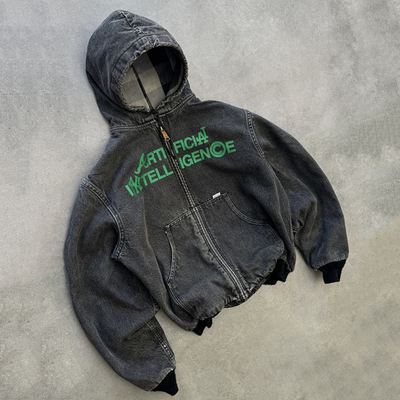 acheter Cadeau poids lourd boxy fit vintage lavage à l'acide déchiré en détresse fermeture à glissière haute denim Hoodie Jacket hommes online manufacture