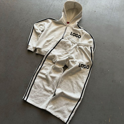 acheter Coupe personnalisée de coton lourd bande latérale découpée boîte fermeture à glissière en capuche et sac de sweatpants ensemble Sweatsuits online manufacture