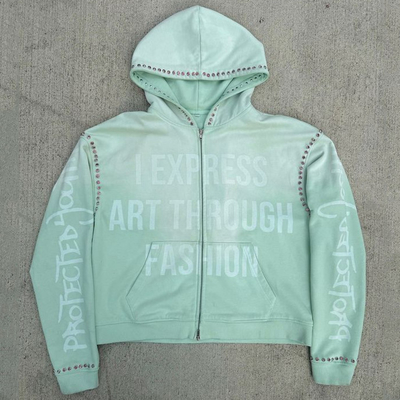 acheter Cadeau de pierre précieuse fermeture à glissière haute poids lourd Hoodie vintage lavée à l'acide Baggy Boxy Fit Hoodie de strass coupé online manufacture