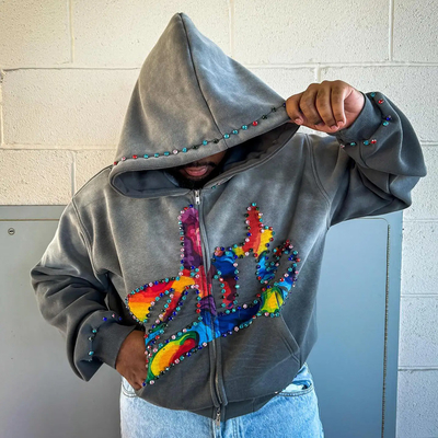 acheter T-shirts à la fermeture à glissière en strass personnalisé 450 gsm épaisseur poids lourd imprimerie d'écran logo fermeture à glissière sweat-shirt homme online manufacture