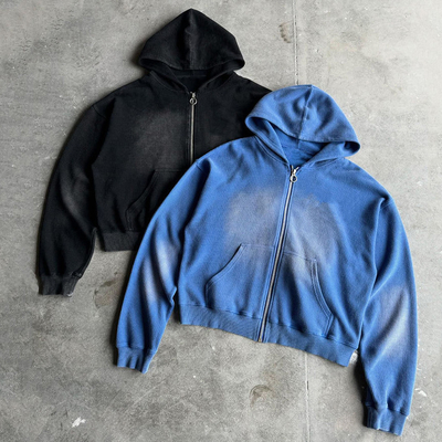 acheter Cadeau personnalisé 400gm Poids lourd Blanc surdimensionné Boxy Fit Fermeture à glissière Vintage Soleil décoloré Acide Wash Waffle Hoodie pour hommes online manufacture
