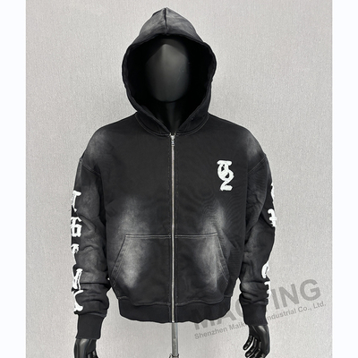 acheter Logo personnalisé surdimensionné boxy ajusté coupé fermeture à glissière Hoodies poids lourd vintage lavé Distressed broderie Hoodie online manufacture