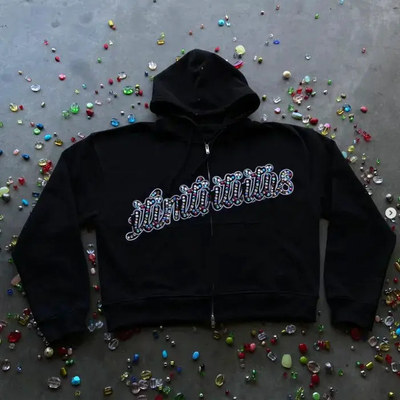 acheter Homme sur mesure 100% coton poids lourd broderie détresse lavage à l'acide boîte coupée fermeture à glissière jusqu'à des chemises à capuche en strass pour hommes online manufacture
