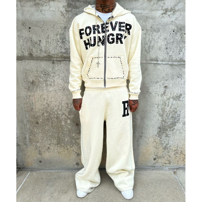 acheter Custom 500Gsm Poids lourd coton strass découpé boîte Fermeture à glissière Hoodies et Sweatpants ensemble Tracksuit Sweatsuits Hommes online manufacture