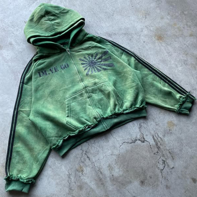 acheter Tissue inverse personnalisée réversible Poids lourd coton en détresse vintage lavage à l'acide surdimensionné boîte fermeture à glissière double capuchon sweat online manufacture
