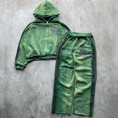 acheter Vintage personnalisé lavage à l'acide couture inverse double capuchon Hoodies et Sweatpants Ensemble Mens Sweatsuit Jogging Ensemble Track Suit pour hommes online manufacture