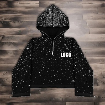 acheter Vêtements de rue personnalisés 380 500gm hommes de laine de terry français partout imprimé strass boxy recadré plein visage moitié fermeture à glissière en capuche hommes online manufacture