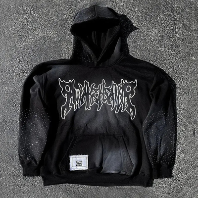 acheter Logo personnalisé Hoodies en coton poids lourd Patchwork Broderie en détresse Vêtements de rue surdimensionnés pull-over en boîte Hoodie pour hommes online manufacture