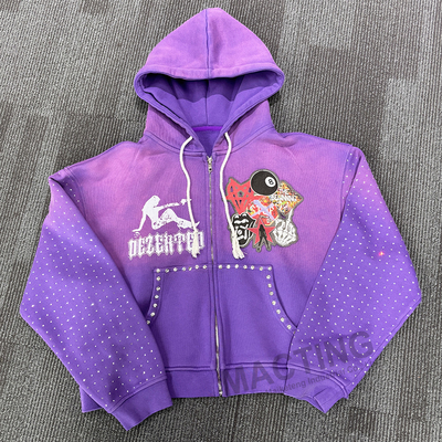 acheter Vêtements de rue personnalisés Vintage Hoodies lavés Soleil décoloré Patchwork Tacheté Rhinestone Boxy coupé Fermeture à glissière Hoodie pour hommes online manufacture