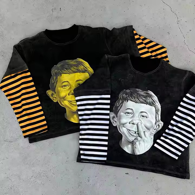 acheter T-shirt double couche à manches longues pour homme lavage à l'acide personnalisé 350gm T-shirt graphique poids lourd à rayures online manufacture