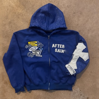 acheter Broderie personnalisée automne-hiver détresse Rhinestone poids lourd 500 Gsm français Terry Boxy surdimensionné Fermeture à glissière Hoodie online manufacture