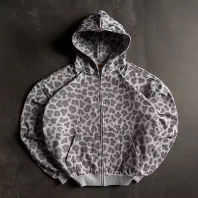 acheter Sweat à capuche streetwear zippé léopard surdimensionné avec fermeture éclair, coupe carrée et courte, en éponge de coton vintage délavée à l'acide pour hommes online manufacture