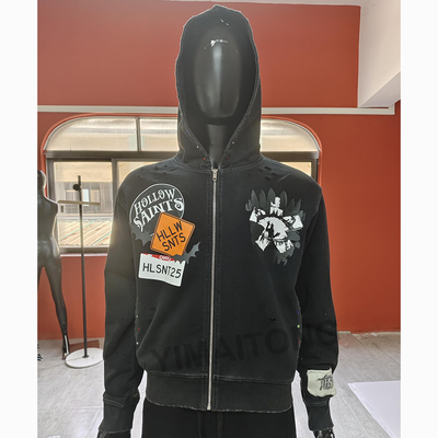 acheter Embroiderie personnalisée Patchwork Fermeture à glissière Hoodies Poids lourd Coton Streetwear Vintage Acide Wash Fermeture à glissière Hoodie Hommes online manufacture