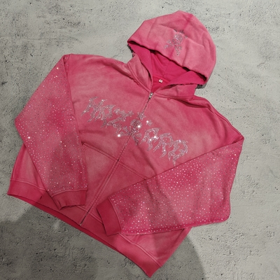 acheter Vestes zippées délavées à l'acide, coupe ample et carrée personnalisée, diamant, vintage, streetwear, à capuche à strass et délavée pour hommes online manufacture