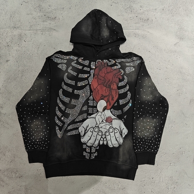 acheter Sweats à capuche personnalisés de haute qualité Streetwear Squelette Crânes Graphique Pull Vintage Délavage Acide Soleil Fané Strass Sweat à capuche Homme online manufacture