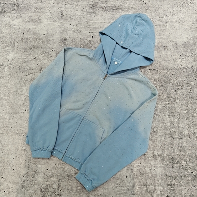 acheter Vêtements de rue personnalisés 2025 Poids lourd Hoodie en strass Unisexe Blanc Vintage Soleil décoloré Acide Laver la fermeture éclair Hoodies surdimensionnés online manufacture