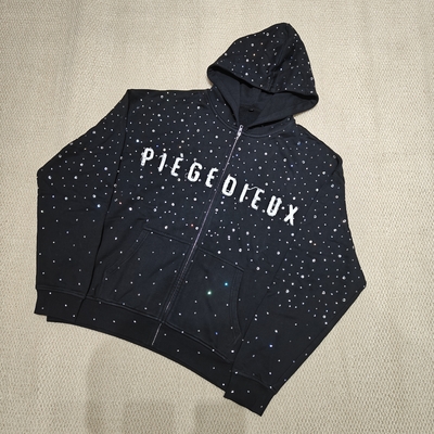 acheter Sweats à capuche zippés pour hommes en molleton français personnalisé 100% coton épais, broderie vieillie, appliqué, fermeture éclair, strass online manufacture